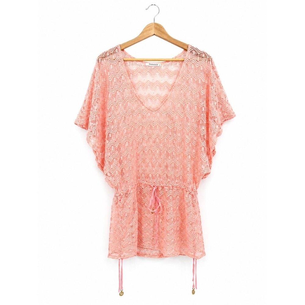 Paradise Coral Pink Open Knit Swim Coverup Sheer Mini Dress Beach Size Small